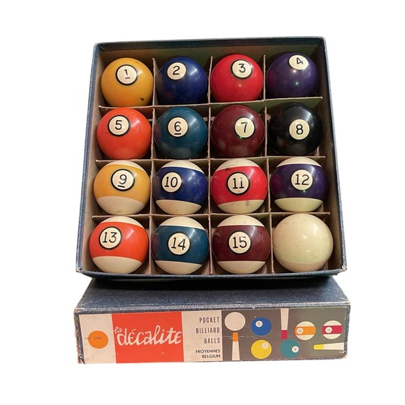 70s‎ Vtg La decalite pocket billiard balls w/box Froyennes Belgium 2.25